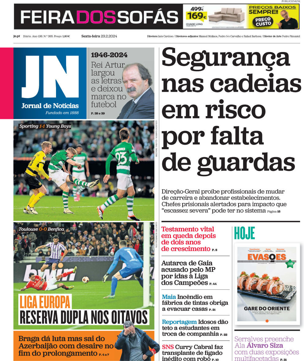 Jornal de Not&iacute;cias: Capa da Edi&ccedil;&atilde;o de sexta-feira, 23 de fevereiro 2024