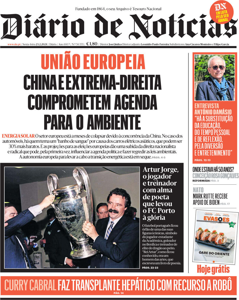 Di&aacute;rio de Not&iacute;cias: Capa da Edi&ccedil;&atilde;o de sexta-feira, 23 de fevereiro 2024