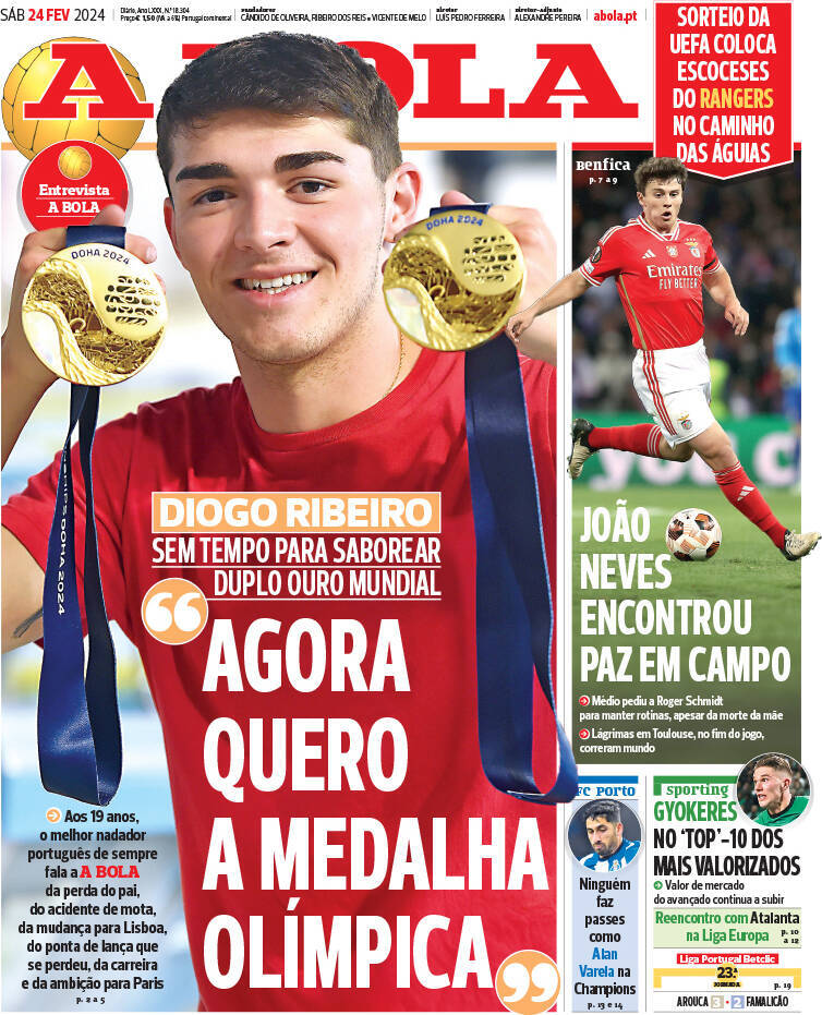 A Bola: Capa da Edi&ccedil;&atilde;o de s&aacute;bado, 24 de fevereiro 2024