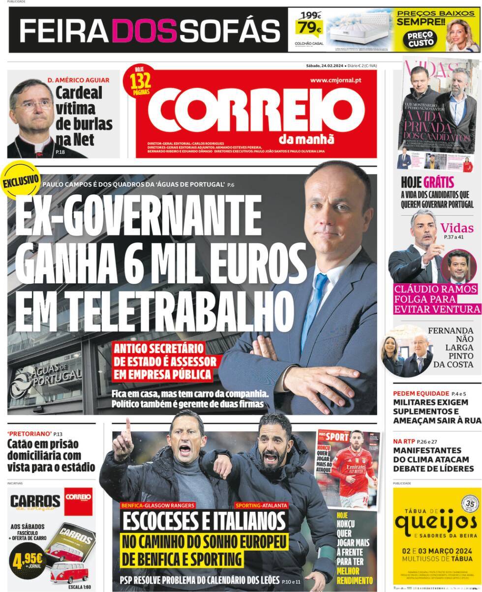 Correio da Manh&atilde;: Capa da Edi&ccedil;&atilde;o de s&aacute;bado, 24 de fevereiro 2024