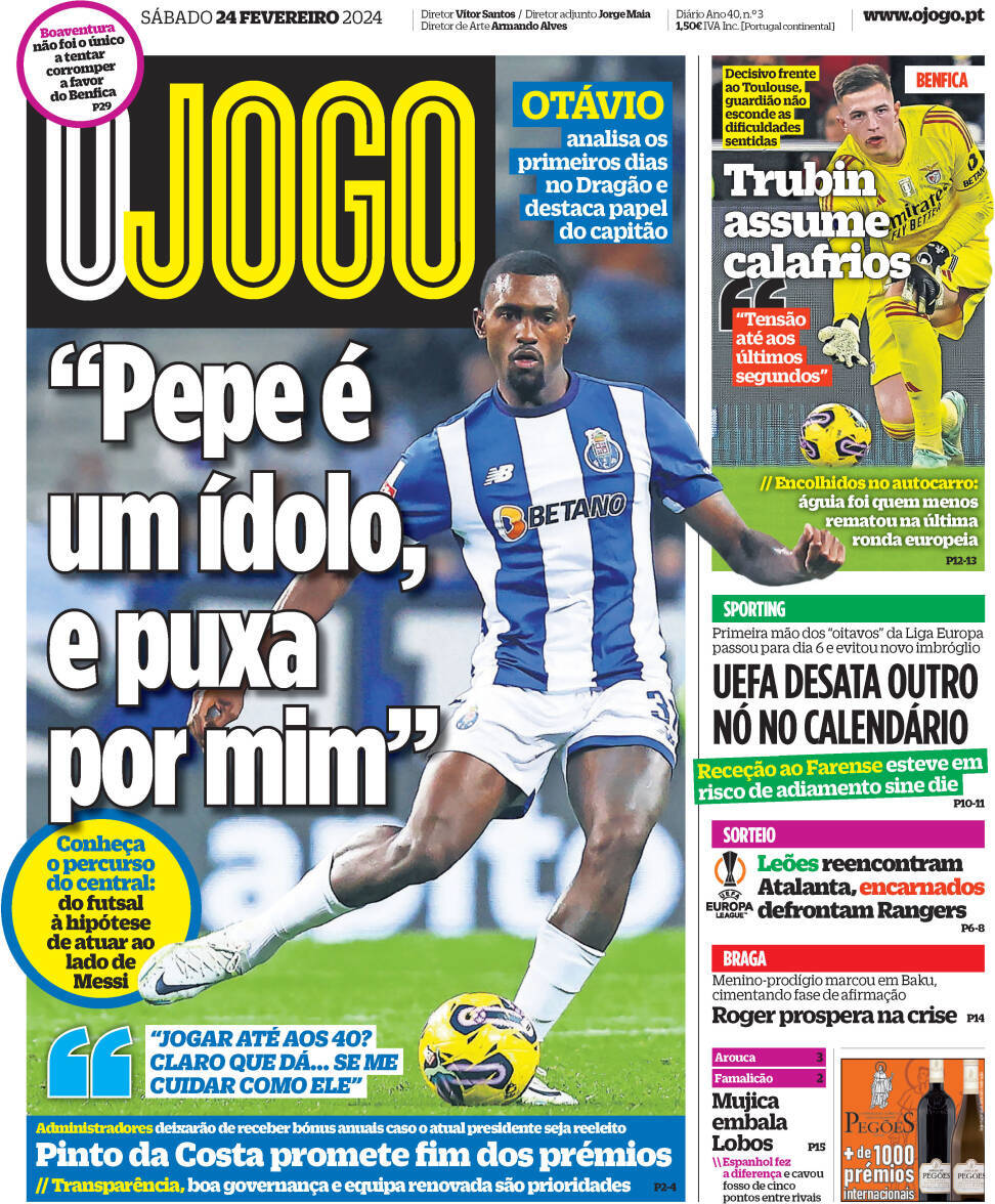O Jogo: Capa da Edi&ccedil;&atilde;o de s&aacute;bado, 24 de fevereiro 2024