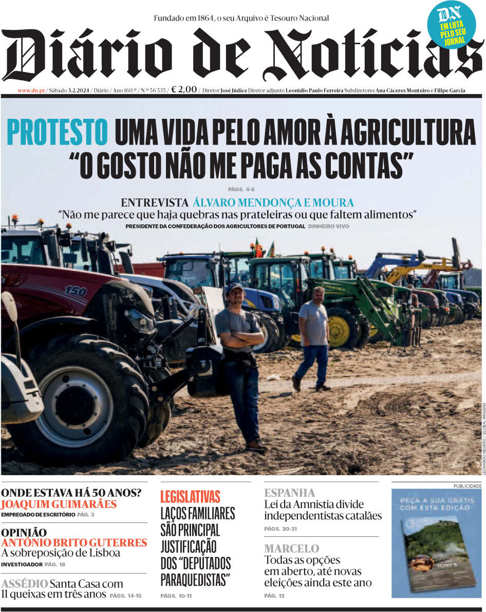 Di&aacute;rio de Not&iacute;cias: Capa da Edi&ccedil;&atilde;o de s&aacute;bado, 03 de fevereiro 2024