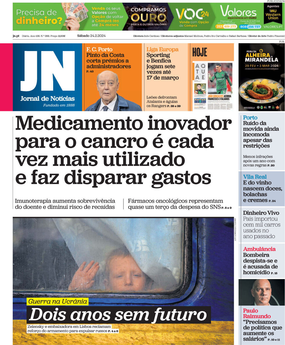 Jornal de Not&iacute;cias: Capa da Edi&ccedil;&atilde;o de s&aacute;bado, 24 de fevereiro 2024