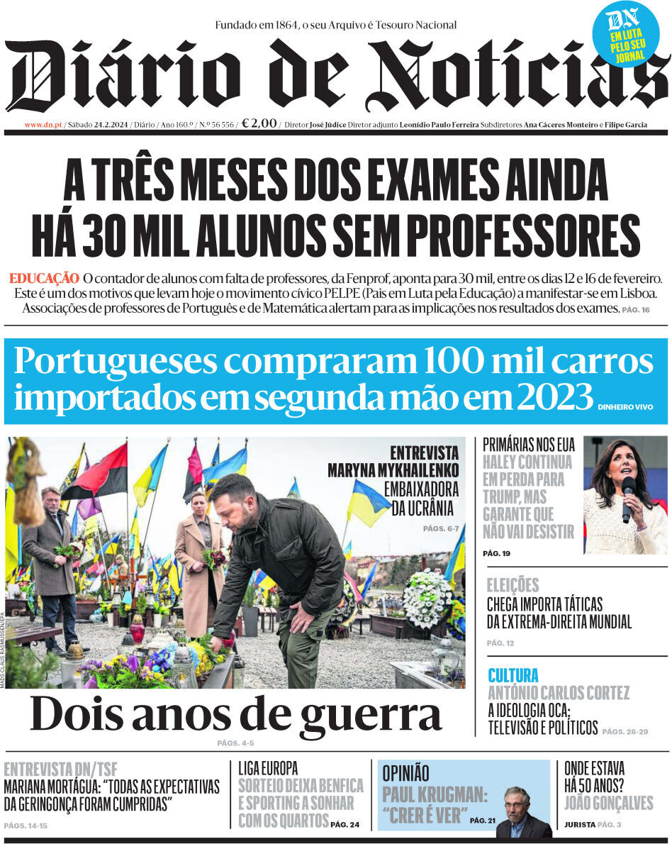 Di&aacute;rio de Not&iacute;cias: Capa da Edi&ccedil;&atilde;o de s&aacute;bado, 24 de fevereiro 2024