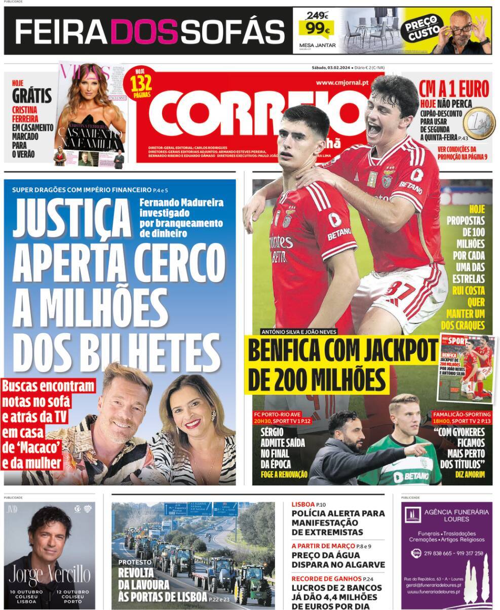 Correio da Manh&atilde;: Capa da Edi&ccedil;&atilde;o de s&aacute;bado, 03 de fevereiro 2024