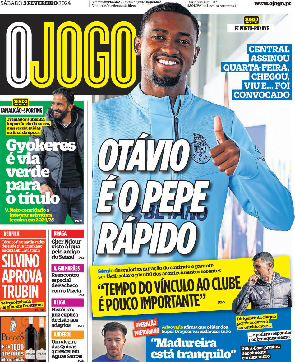 O Jogo: Capa da Edi&ccedil;&atilde;o de s&aacute;bado, 03 de fevereiro 2024