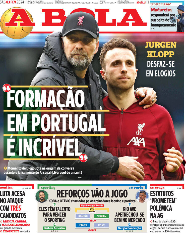 A Bola: Capa da Edi&ccedil;&atilde;o de s&aacute;bado, 03 de fevereiro 2024