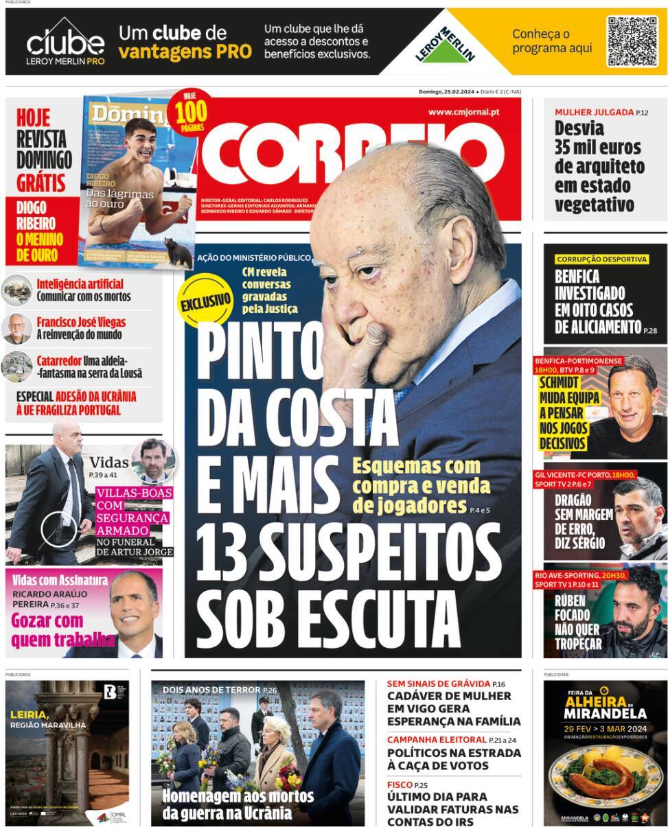 Correio da Manh&atilde;: Capa da Edi&ccedil;&atilde;o de domingo, 25 de fevereiro 2024