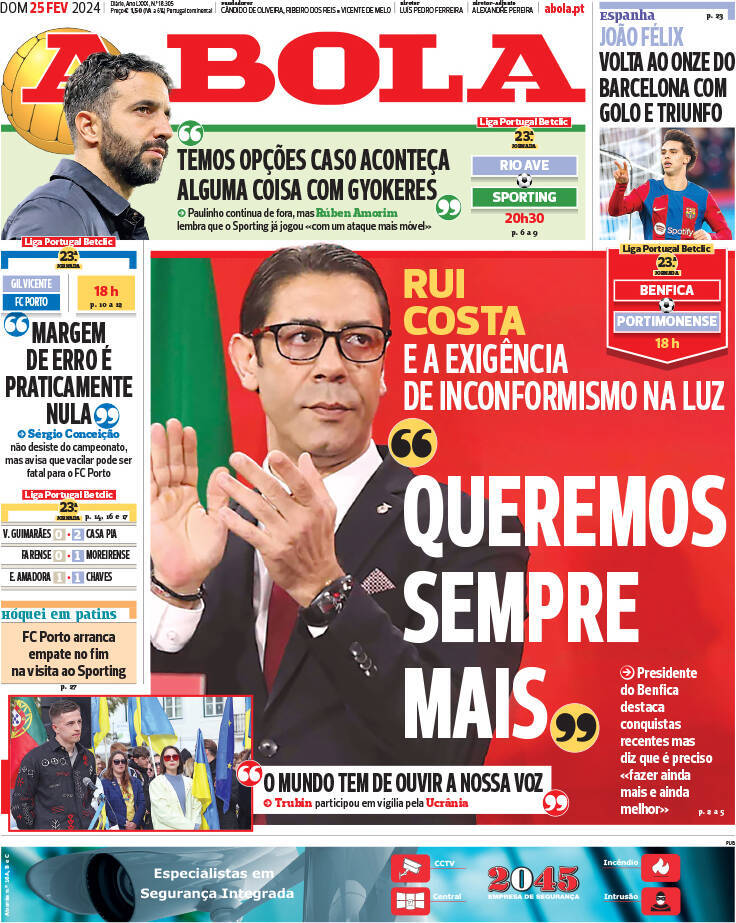 A Bola: Capa da Edi&ccedil;&atilde;o de domingo, 25 de fevereiro 2024