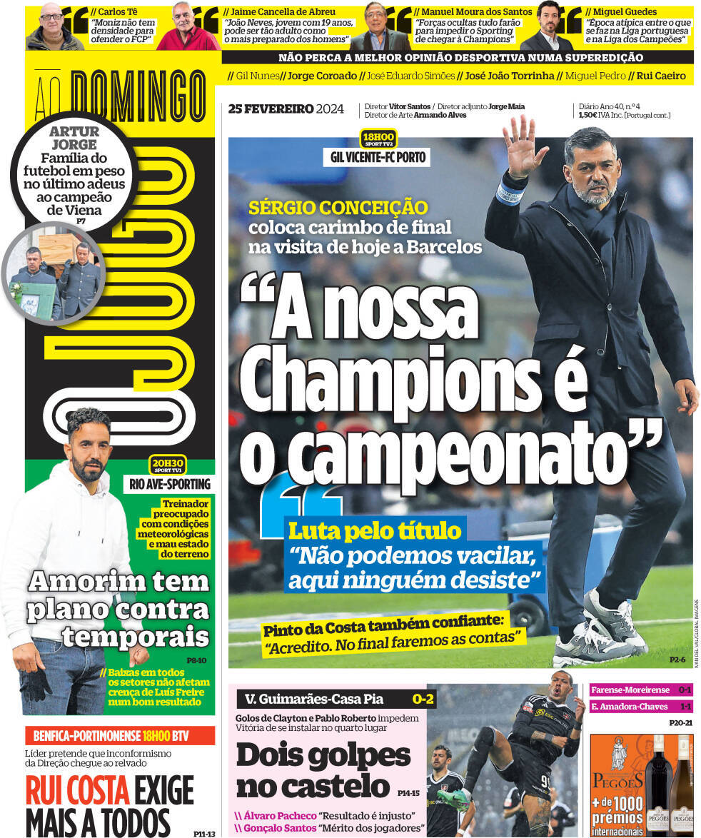O Jogo: Capa da Edi&ccedil;&atilde;o de domingo, 25 de fevereiro 2024
