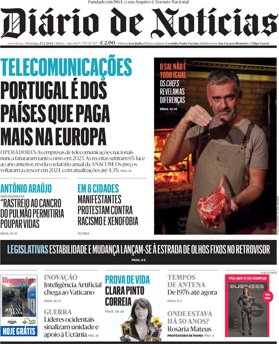Di&aacute;rio de Not&iacute;cias: Capa da Edi&ccedil;&atilde;o de domingo, 25 de fevereiro 2024