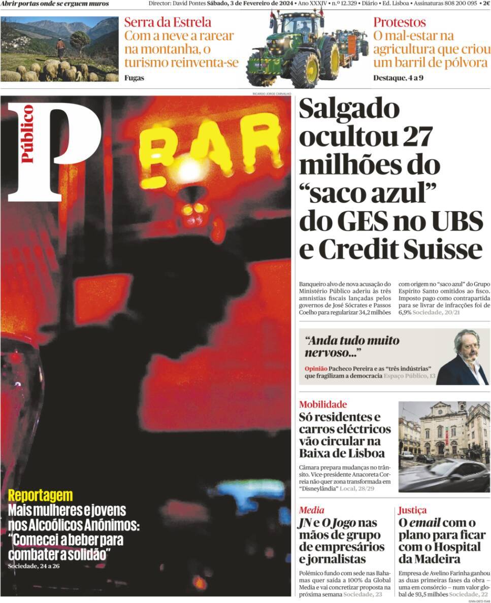 P&uacute;blico: Capa da Edi&ccedil;&atilde;o de s&aacute;bado, 03 de fevereiro 2024