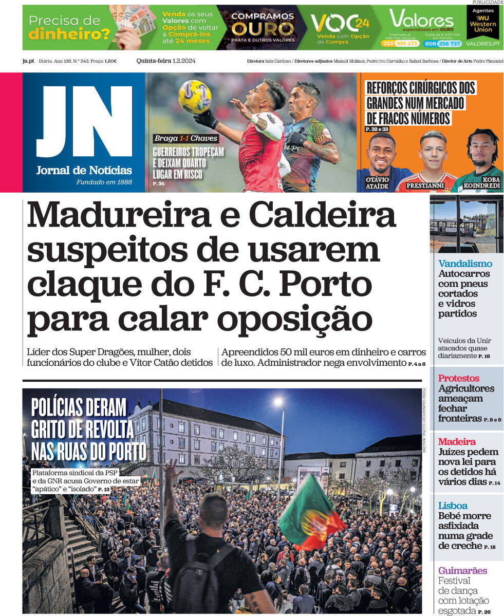 Jornal de Not&iacute;cias: Capa da Edi&ccedil;&atilde;o de quinta-feira, 01 de fevereiro 2024