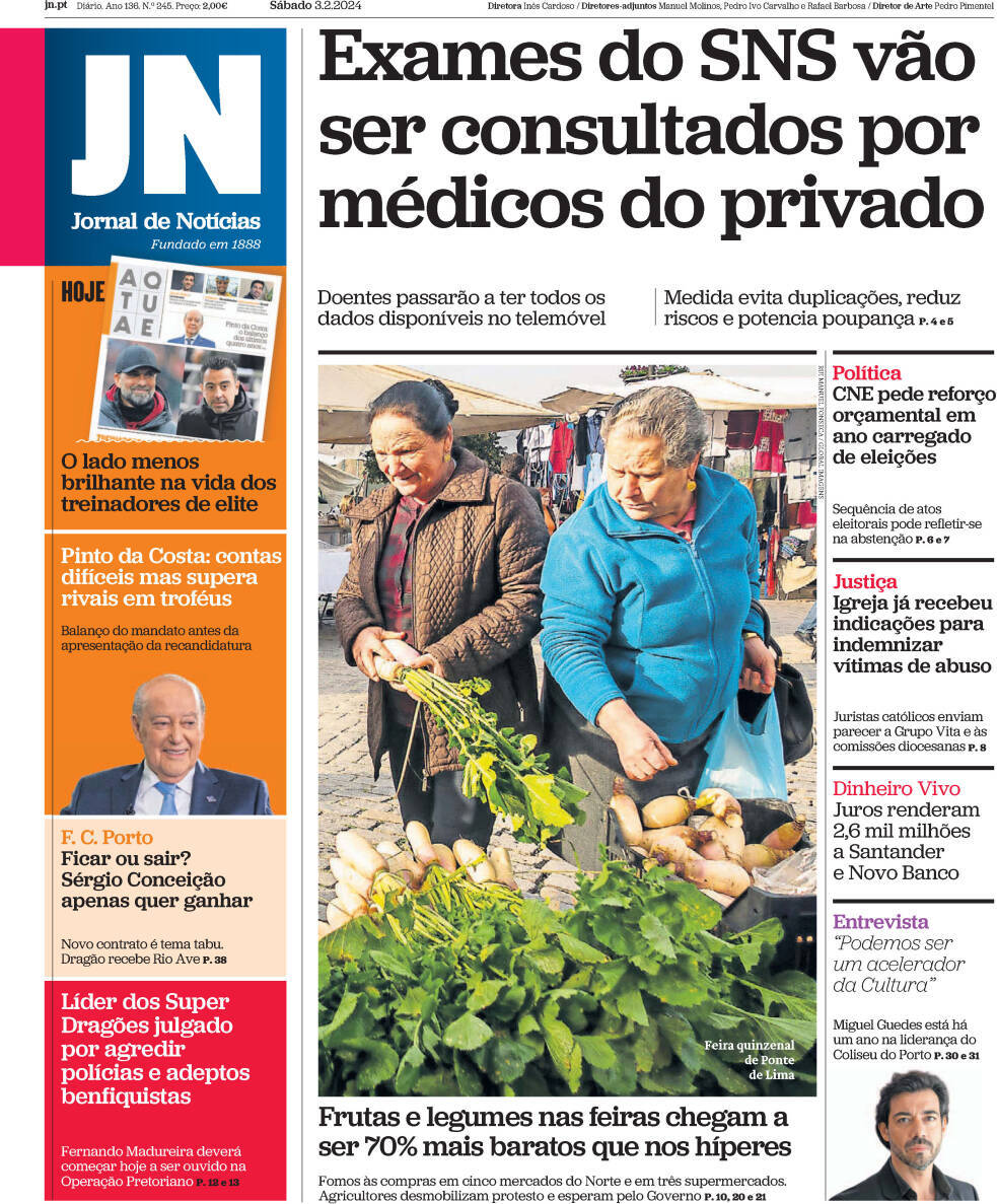 Jornal de Not&iacute;cias: Capa da Edi&ccedil;&atilde;o de s&aacute;bado, 03 de fevereiro 2024