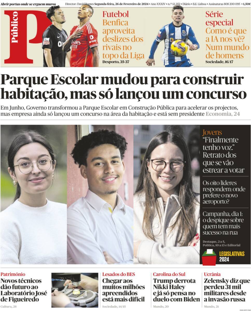 P&uacute;blico: Capa da Edi&ccedil;&atilde;o de segunda-feira, 26 de fevereiro 2024