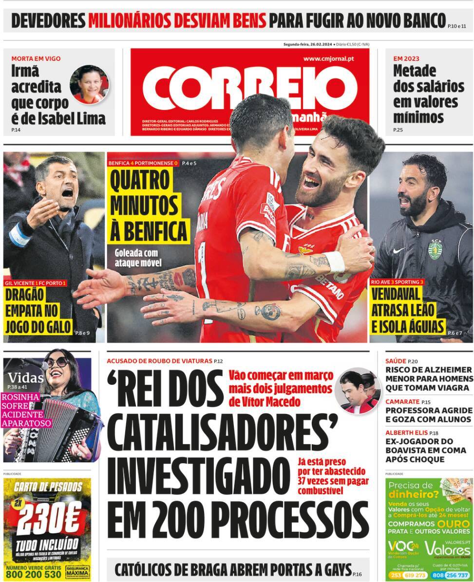 Correio da Manh&atilde;: Capa da Edi&ccedil;&atilde;o de segunda-feira, 26 de fevereiro 2024