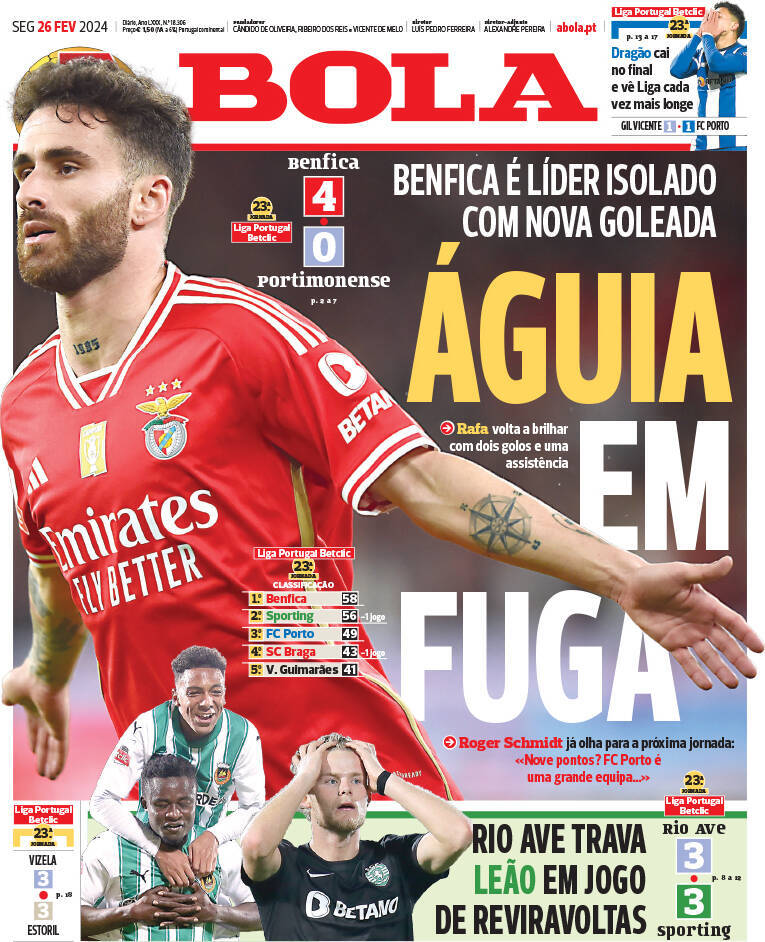 A Bola: Capa da Edi&ccedil;&atilde;o de segunda-feira, 26 de fevereiro 2024