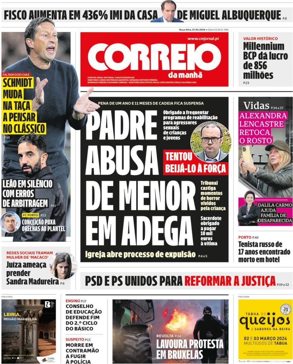 Correio da Manh&atilde;: Capa da Edi&ccedil;&atilde;o de ter&ccedil;a-feira, 27 de fevereiro 2024