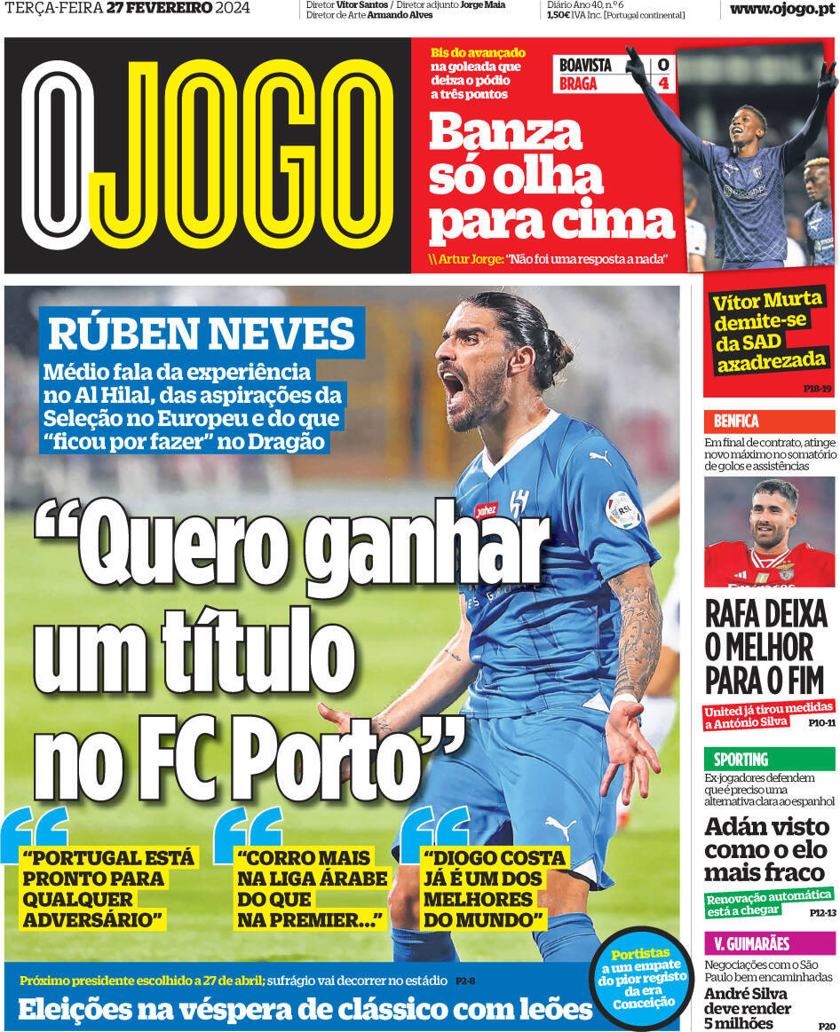 O Jogo: Capa da Edi&ccedil;&atilde;o de ter&ccedil;a-feira, 27 de fevereiro 2024