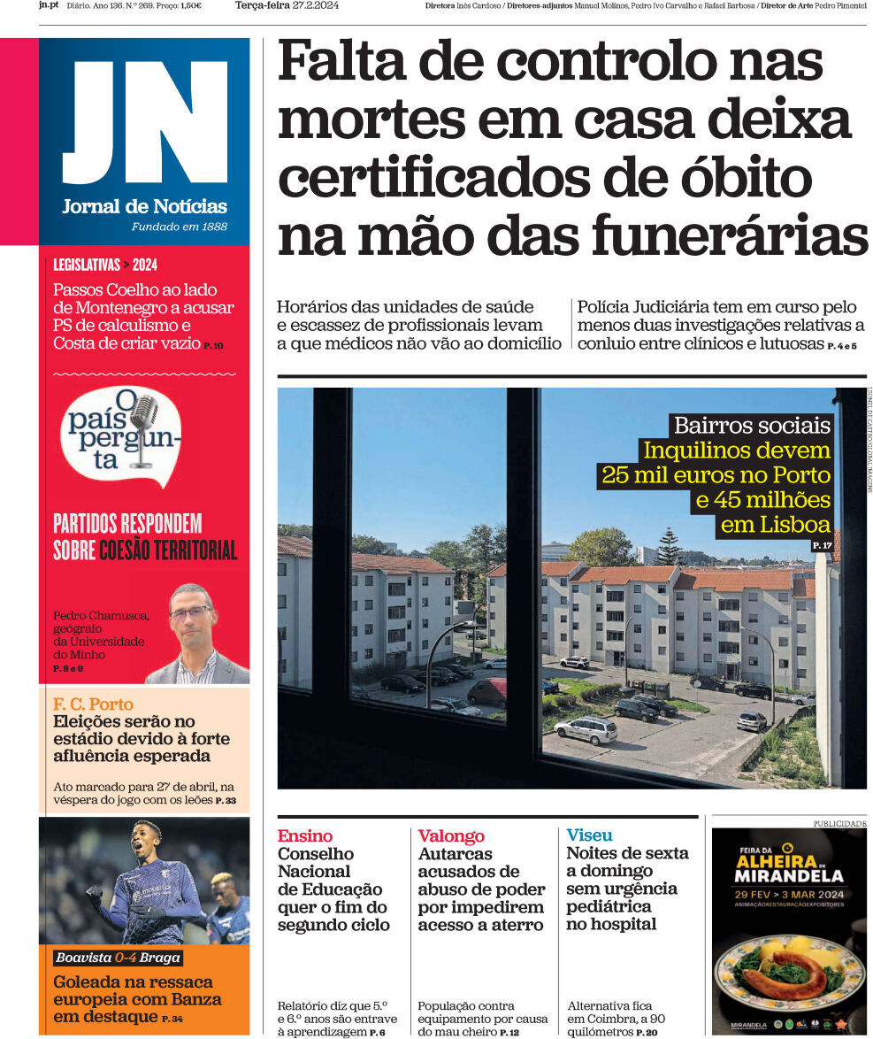 Jornal de Not&iacute;cias: Capa da Edi&ccedil;&atilde;o de ter&ccedil;a-feira, 27 de fevereiro 2024