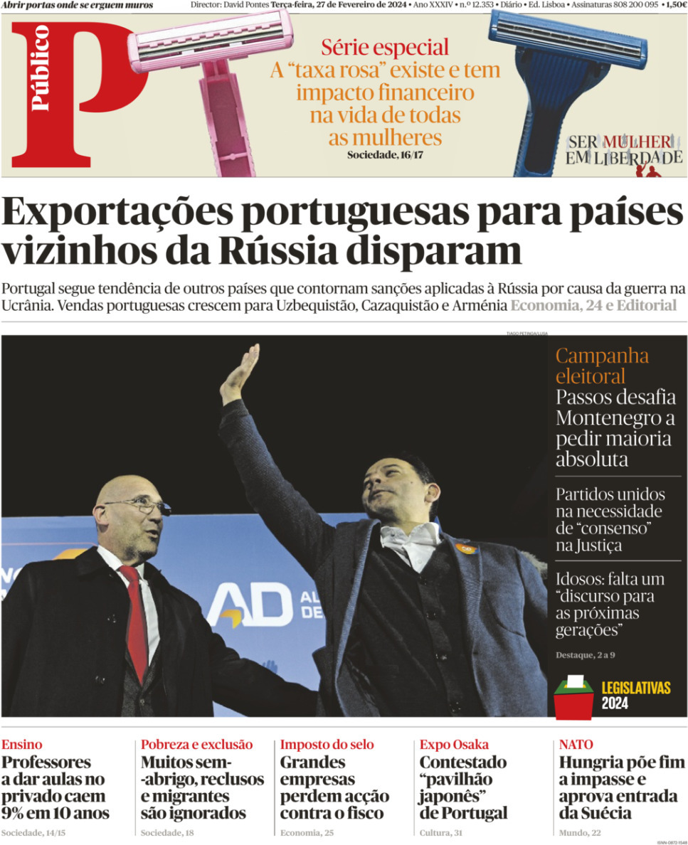 P&uacute;blico: Capa da Edi&ccedil;&atilde;o de ter&ccedil;a-feira, 27 de fevereiro 2024