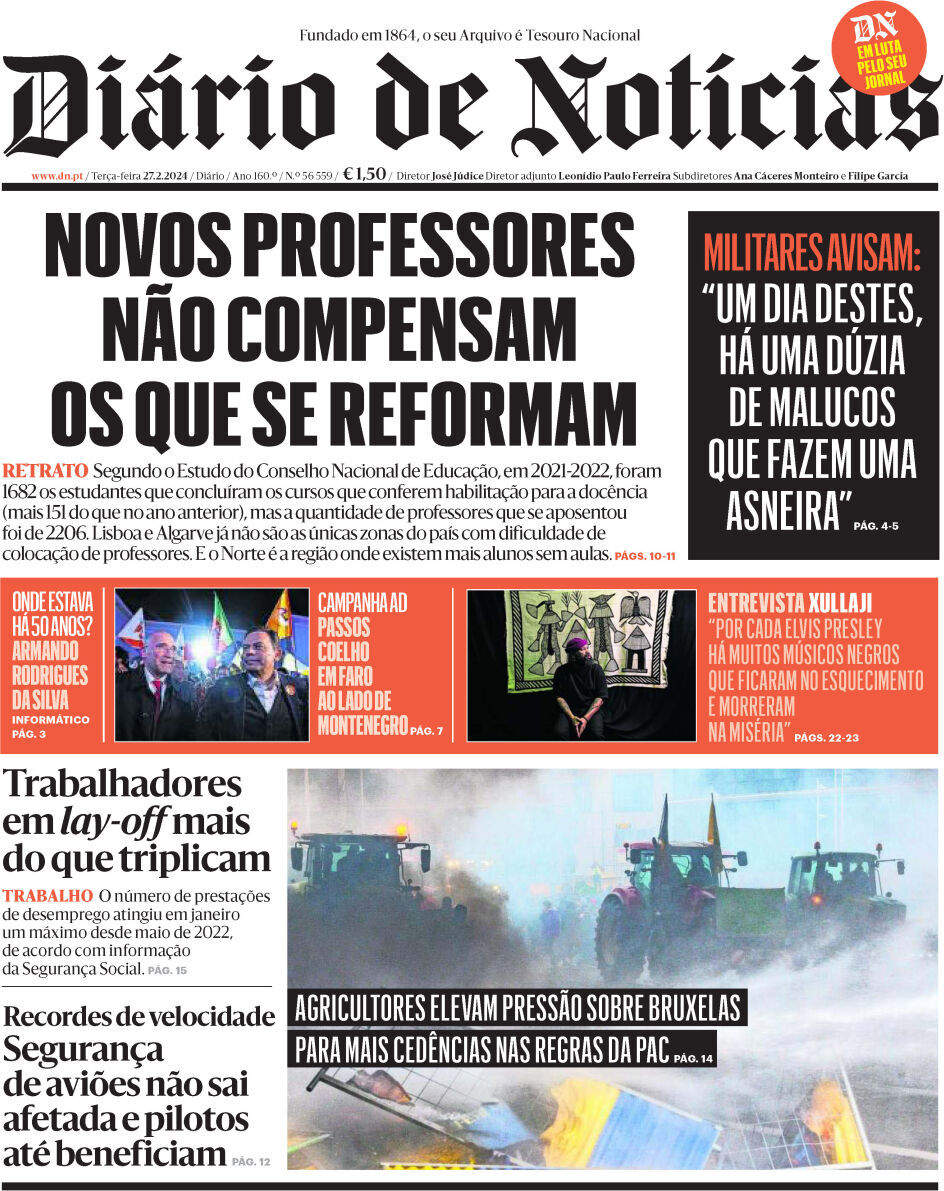 Di&aacute;rio de Not&iacute;cias: Capa da Edi&ccedil;&atilde;o de ter&ccedil;a-feira, 27 de fevereiro 2024