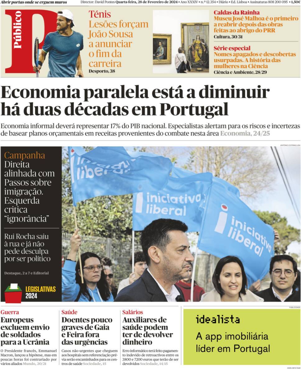 P&uacute;blico: Capa da Edi&ccedil;&atilde;o de quarta-feira, 28 de fevereiro 2024