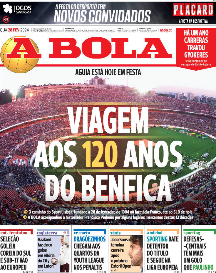 A Bola: Capa da Edi&ccedil;&atilde;o de quarta-feira, 28 de fevereiro 2024