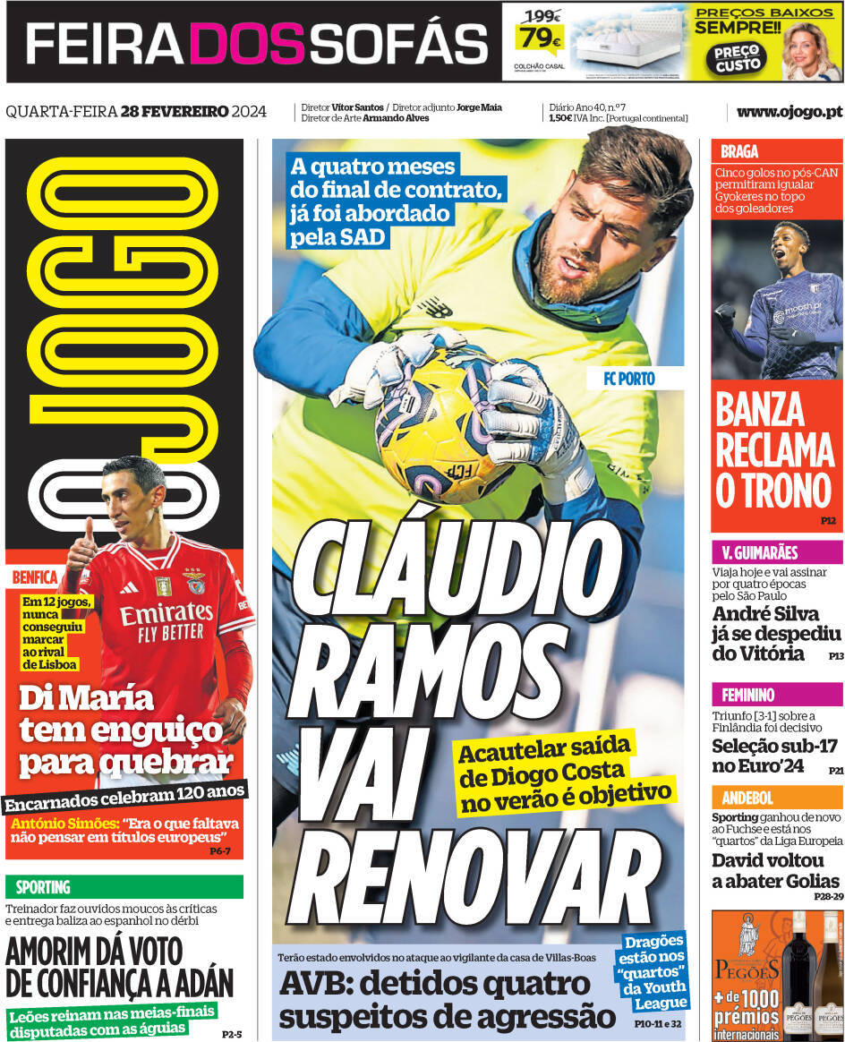 O Jogo: Capa da Edi&ccedil;&atilde;o de quarta-feira, 28 de fevereiro 2024