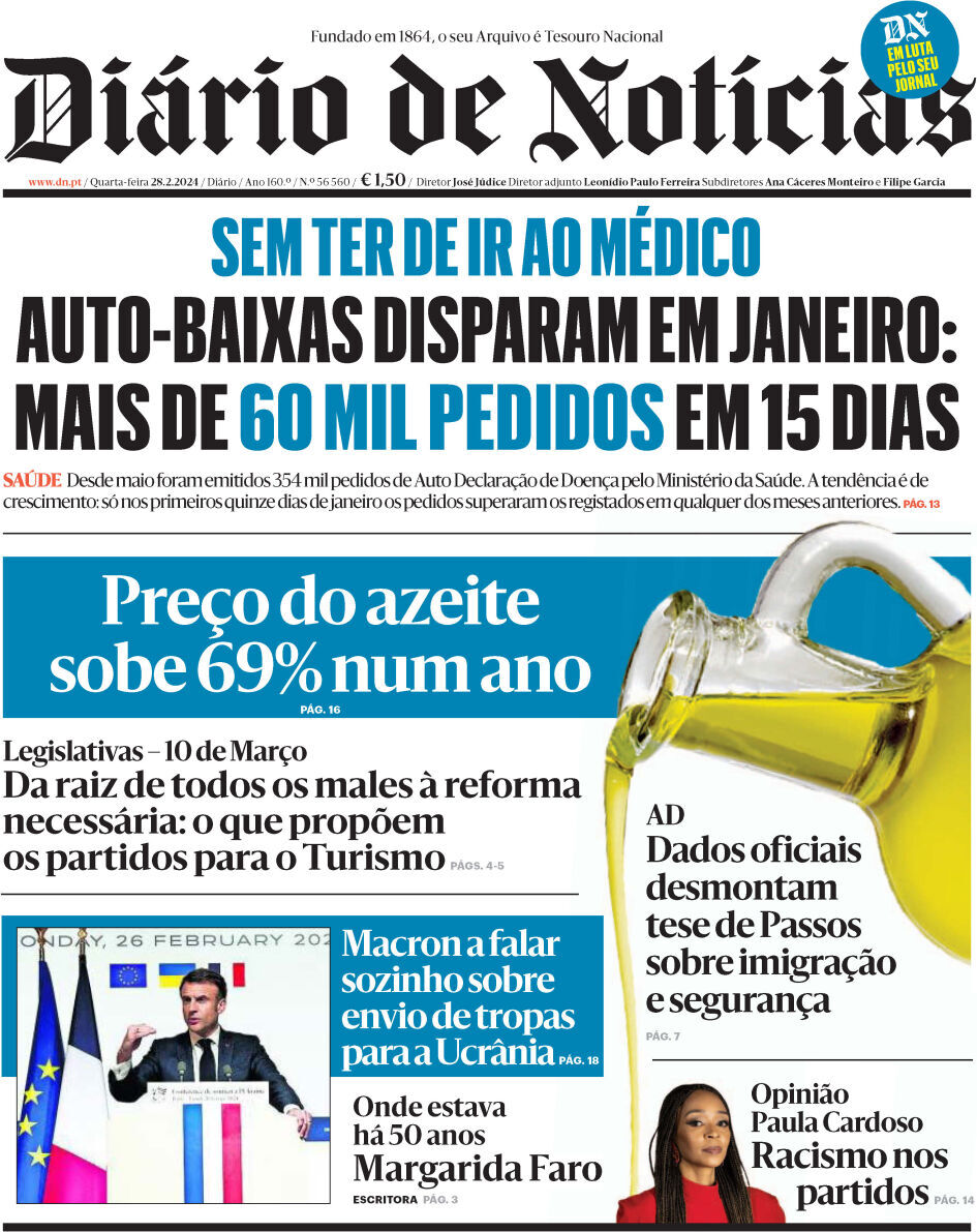 Di&aacute;rio de Not&iacute;cias: Capa da Edi&ccedil;&atilde;o de quarta-feira, 28 de fevereiro 2024