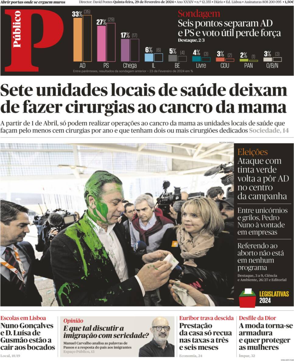 P&uacute;blico: Capa da Edi&ccedil;&atilde;o de quinta-feira, 29 de fevereiro 2024