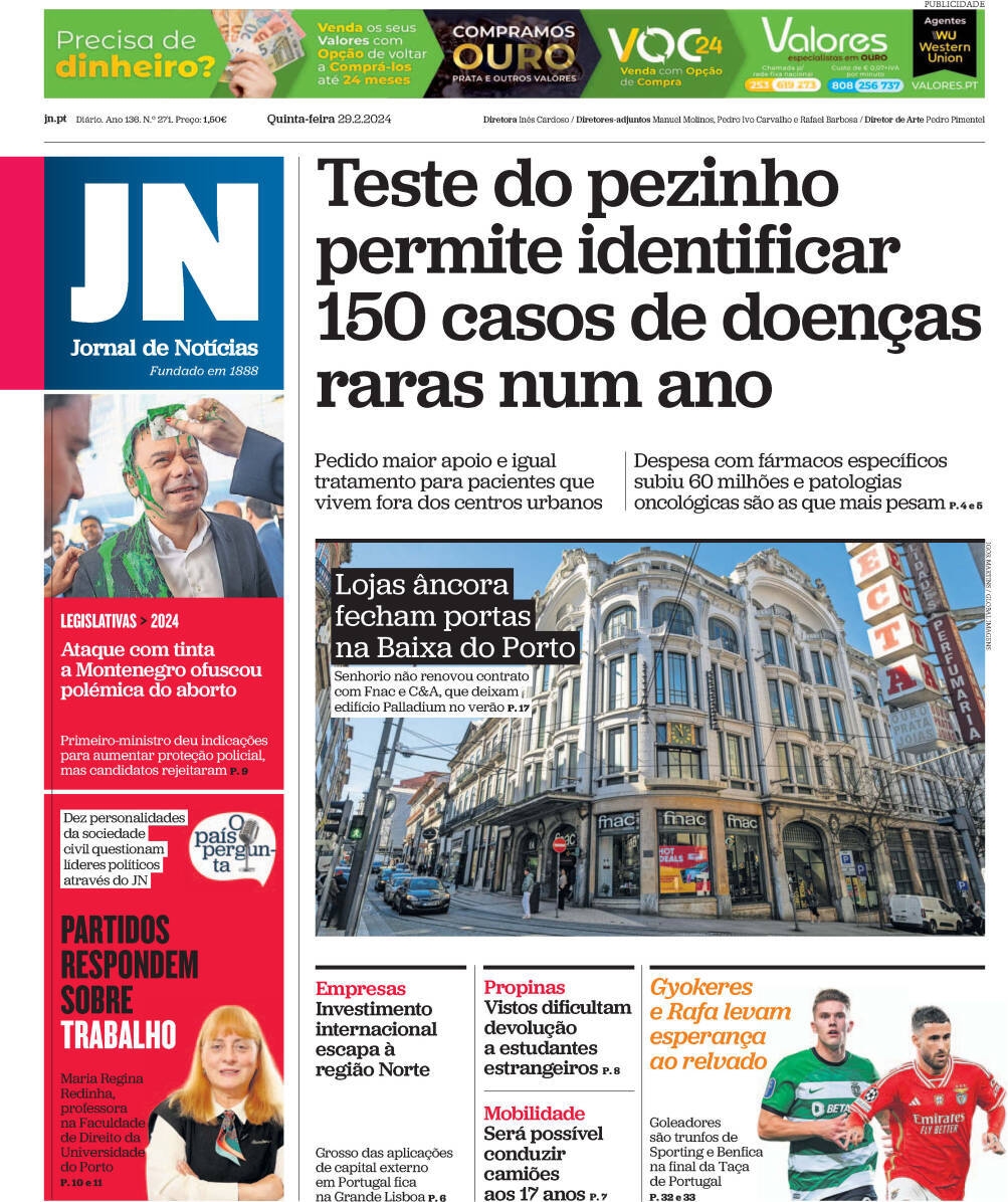 Jornal de Not&iacute;cias: Capa da Edi&ccedil;&atilde;o de quinta-feira, 29 de fevereiro 2024