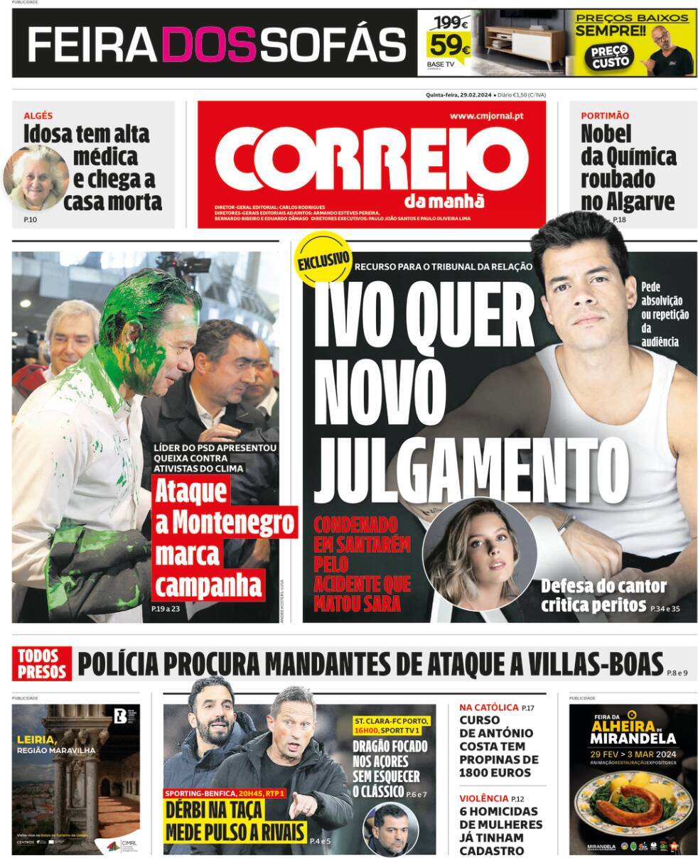 Correio da Manh&atilde;: Capa da Edi&ccedil;&atilde;o de quinta-feira, 29 de fevereiro 2024