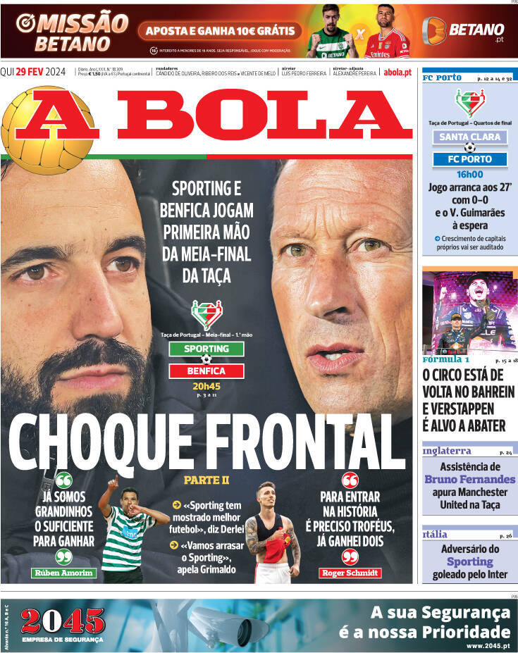 A Bola: Capa da Edi&ccedil;&atilde;o de quinta-feira, 29 de fevereiro 2024