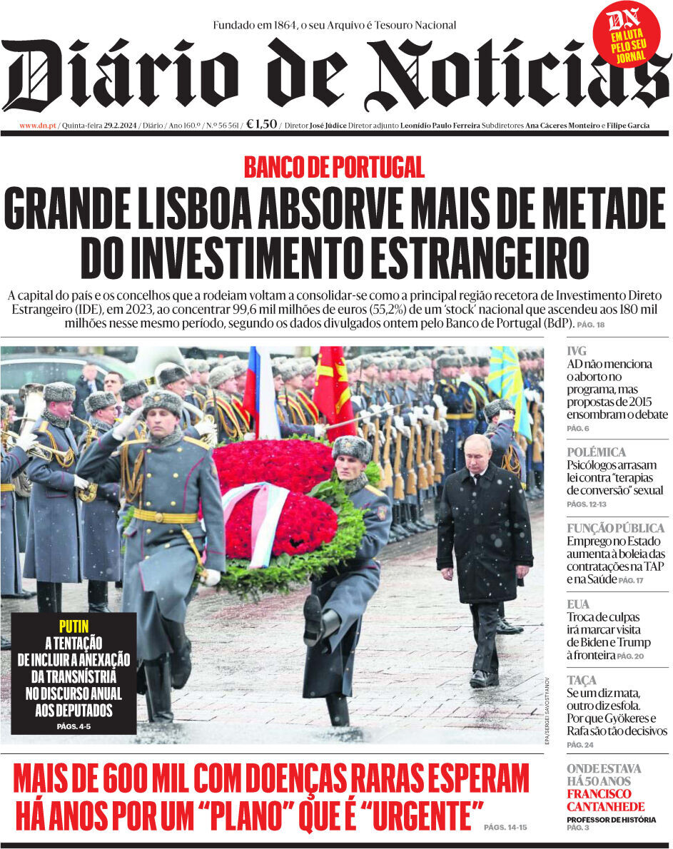 Di&aacute;rio de Not&iacute;cias: Capa da Edi&ccedil;&atilde;o de quinta-feira, 29 de fevereiro 2024