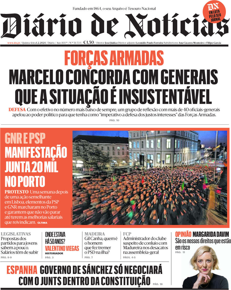 Di&aacute;rio de Not&iacute;cias: Capa da Edi&ccedil;&atilde;o de quinta-feira, 01 de fevereiro 2024