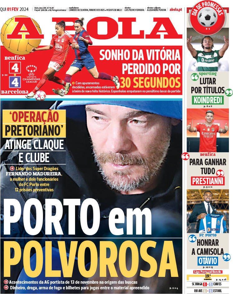 A Bola: Capa da Edi&ccedil;&atilde;o de quinta-feira, 01 de fevereiro 2024