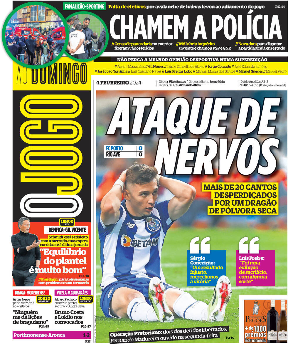 O Jogo: Capa da Edi&ccedil;&atilde;o de domingo, 04 de fevereiro 2024