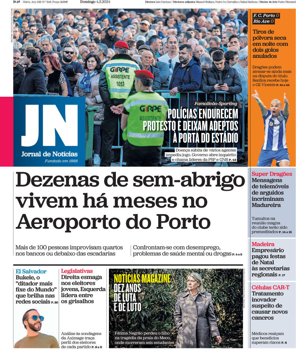 Jornal de Not&iacute;cias: Capa da Edi&ccedil;&atilde;o de domingo, 04 de fevereiro 2024
