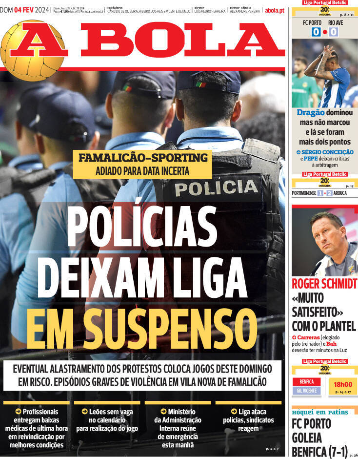 A Bola: Capa da Edi&ccedil;&atilde;o de domingo, 04 de fevereiro 2024