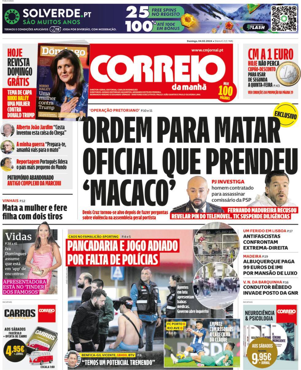 Correio da Manh&atilde;: Capa da Edi&ccedil;&atilde;o de domingo, 04 de fevereiro 2024