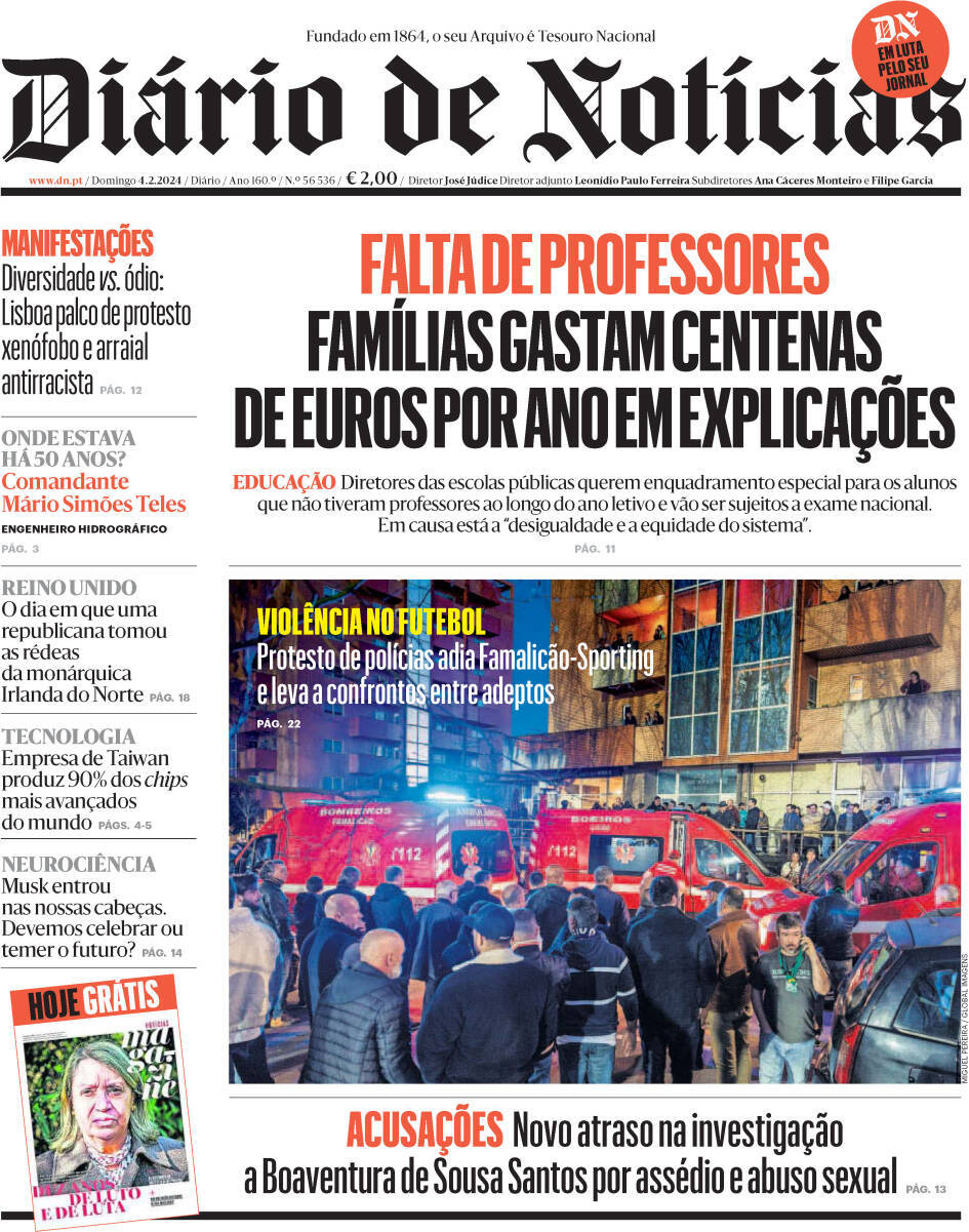 Di&aacute;rio de Not&iacute;cias: Capa da Edi&ccedil;&atilde;o de domingo, 04 de fevereiro 2024