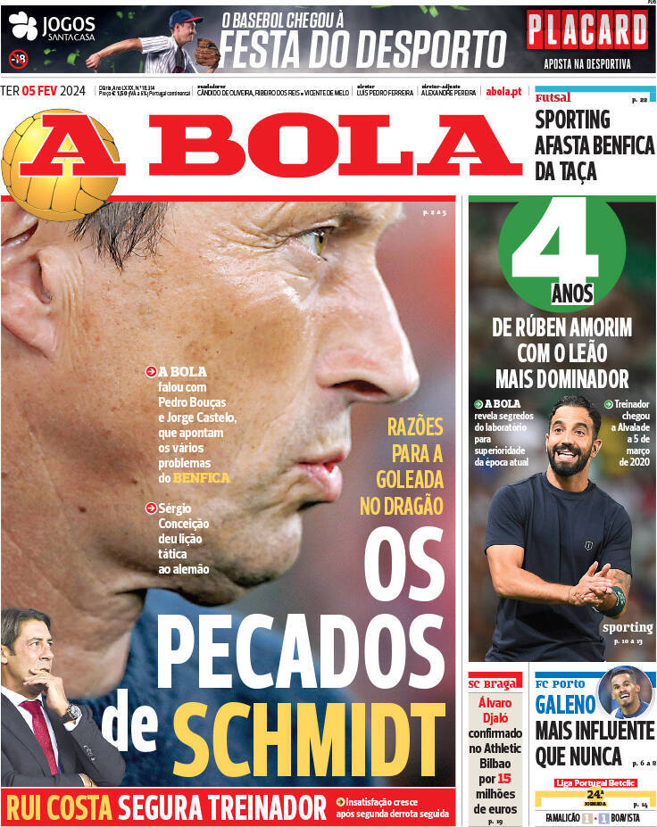 A Bola: Capa da Edi&ccedil;&atilde;o de ter&ccedil;a-feira, 05 de mar&ccedil;o 2024