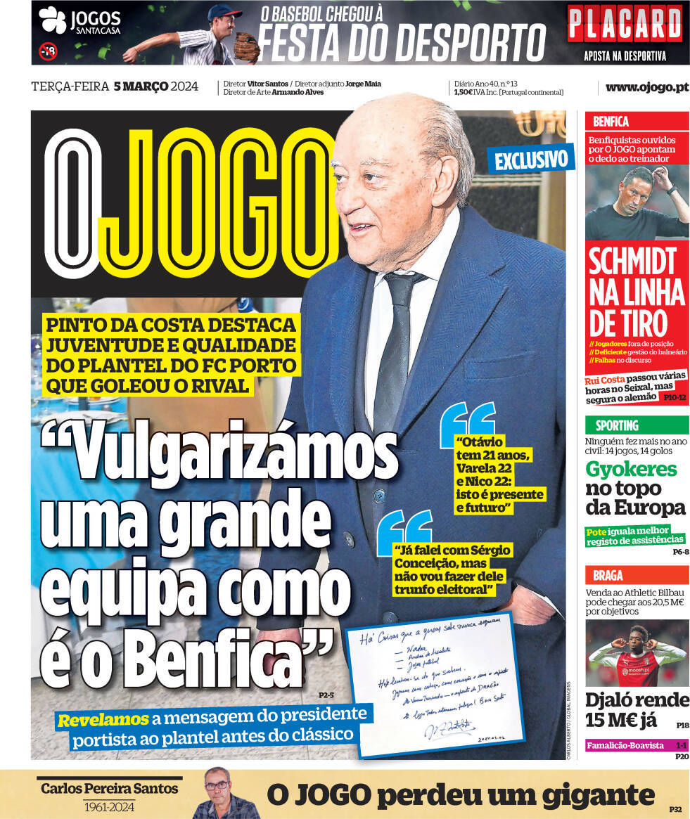 O Jogo: Capa da Edi&ccedil;&atilde;o de ter&ccedil;a-feira, 05 de mar&ccedil;o 2024