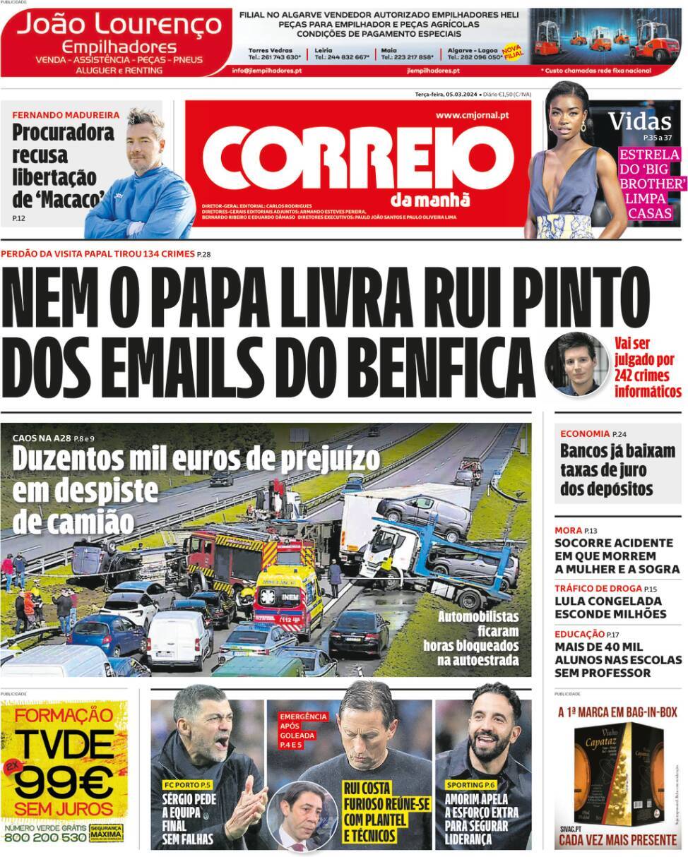 Correio da Manh&atilde;: Capa da Edi&ccedil;&atilde;o de ter&ccedil;a-feira, 05 de mar&ccedil;o 2024