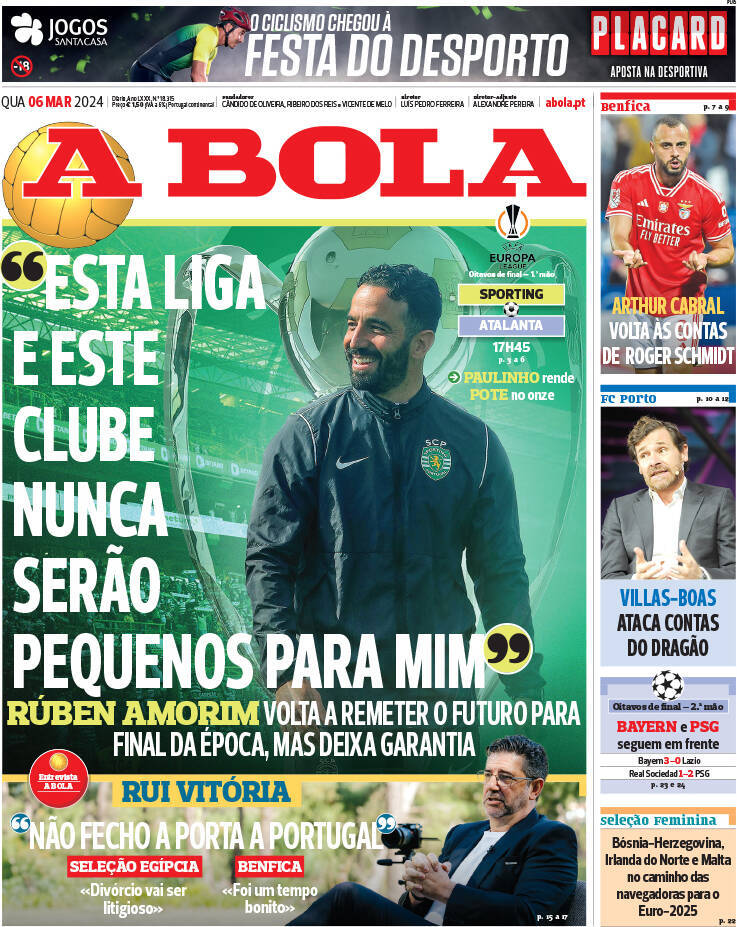 A Bola: Capa da Edi&ccedil;&atilde;o de quarta-feira, 06 de mar&ccedil;o 2024