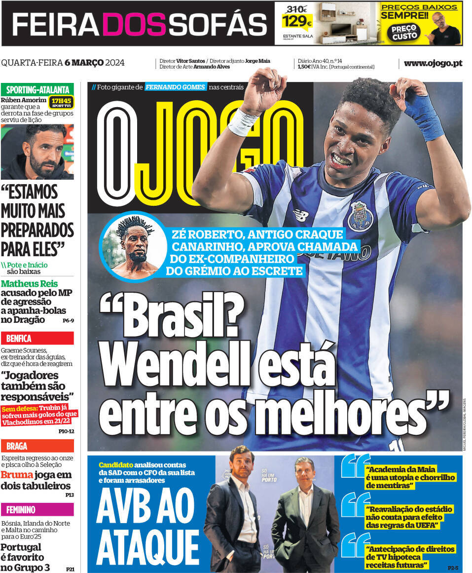 O Jogo: Capa da Edi&ccedil;&atilde;o de quarta-feira, 06 de mar&ccedil;o 2024