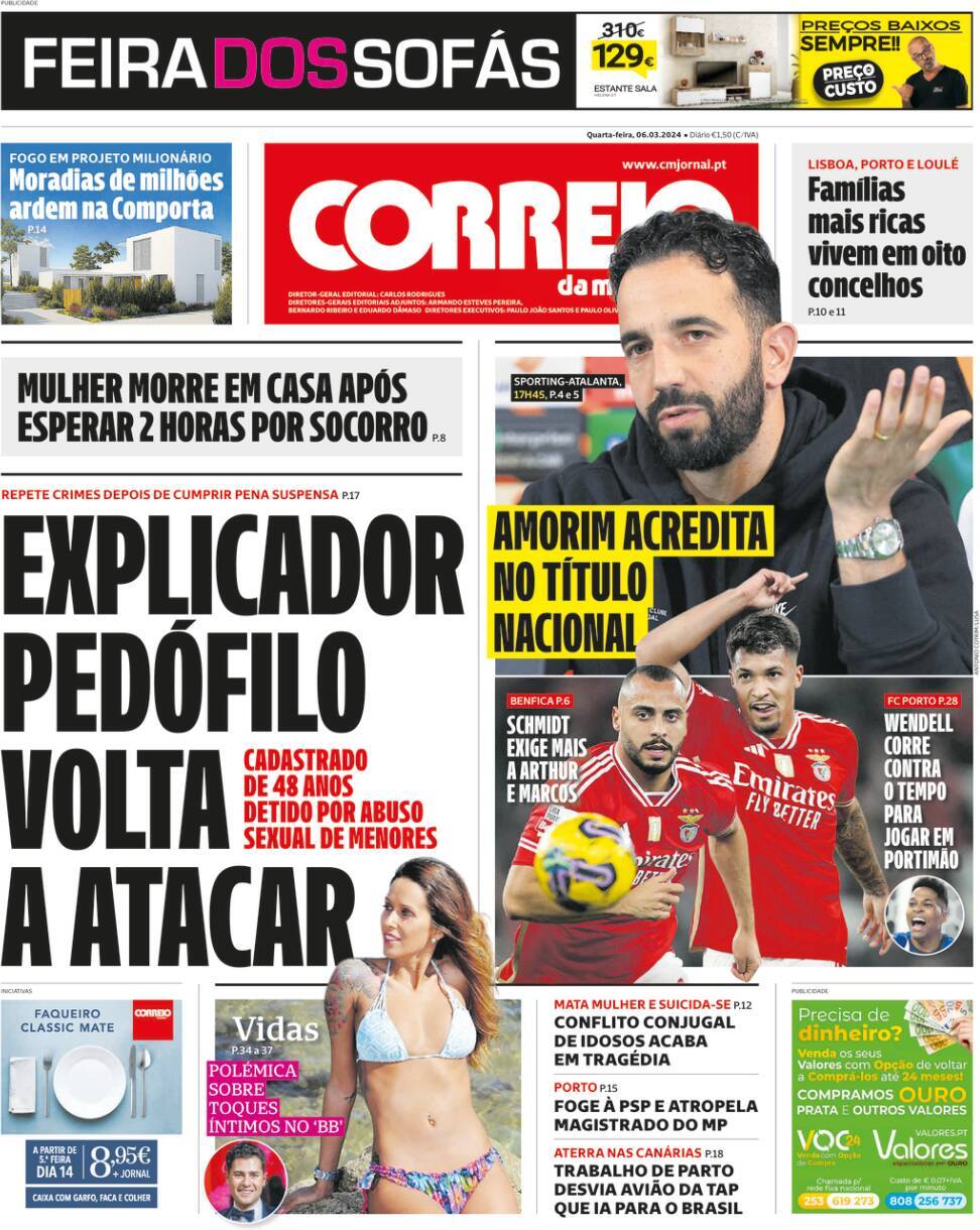 Correio da Manh&atilde;: Capa da Edi&ccedil;&atilde;o de quarta-feira, 06 de mar&ccedil;o 2024