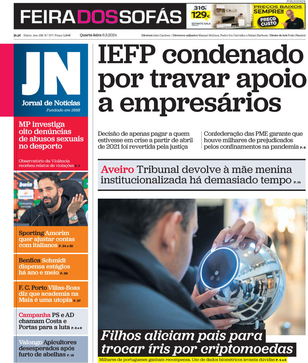 Jornal de Not&iacute;cias: Capa da Edi&ccedil;&atilde;o de quarta-feira, 06 de mar&ccedil;o 2024