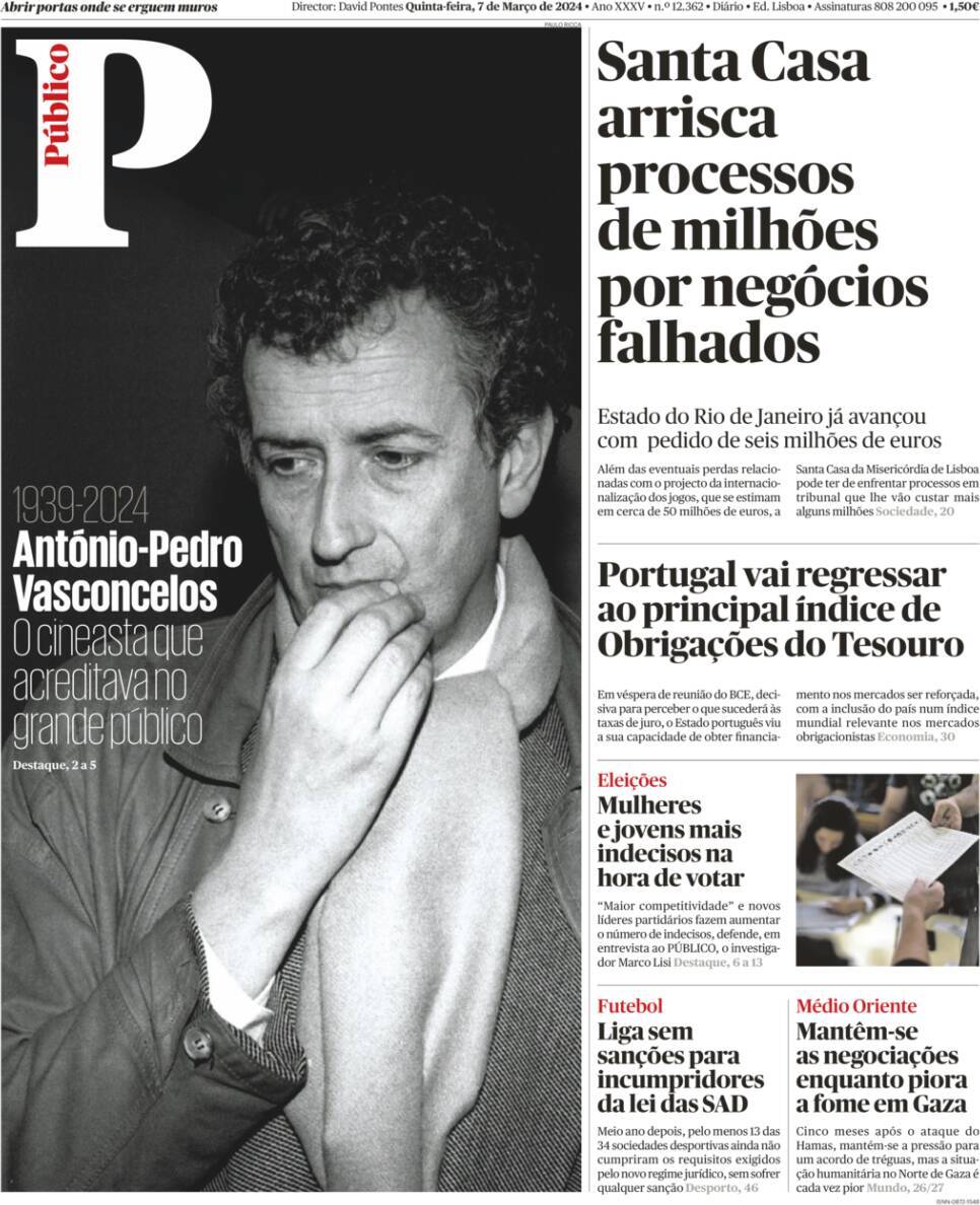 P&uacute;blico: Capa da Edi&ccedil;&atilde;o de quinta-feira, 07 de mar&ccedil;o 2024